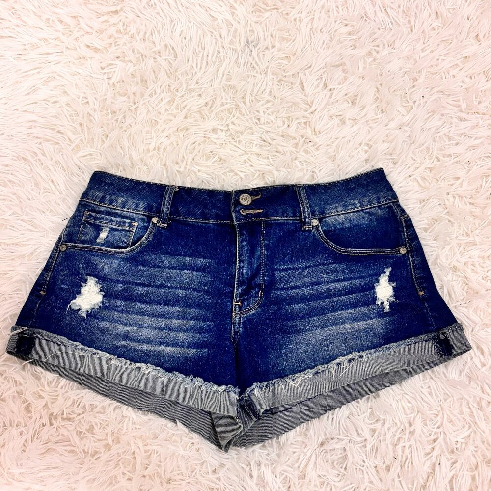Altar'd State Dark Denim Shorts 28 Distressed Cuffed Mid Rise Blue